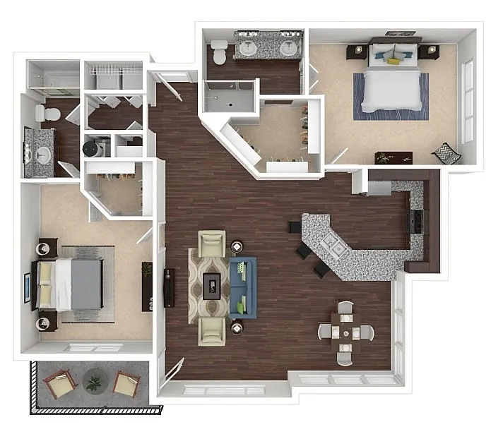 Modern apartment floor plan featuring two spacious bedrooms, two bathrooms, a stylish open-concept living area, and a sleek kitchen with a breakfast bar.