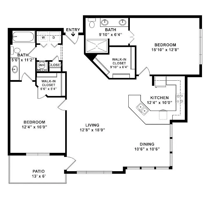 Modern apartment floor plan showcasing two spacious bedrooms, open living and dining area, stylish kitchen, two bathrooms, and cozy patio.