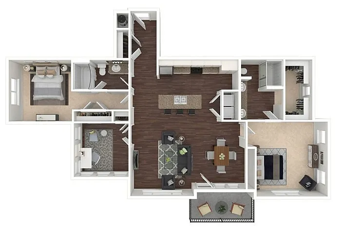 Modern 3D floor plan featuring two elegant bedrooms, a spacious open-concept living and dining area, and a stylish kitchen with an island, complete with a cozy balcony.