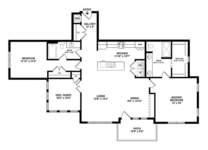 Inviting 2D floor plan featuring a stylish layout with 3 bedrooms, a modern kitchen, spacious living and dining areas, and a charming patio.