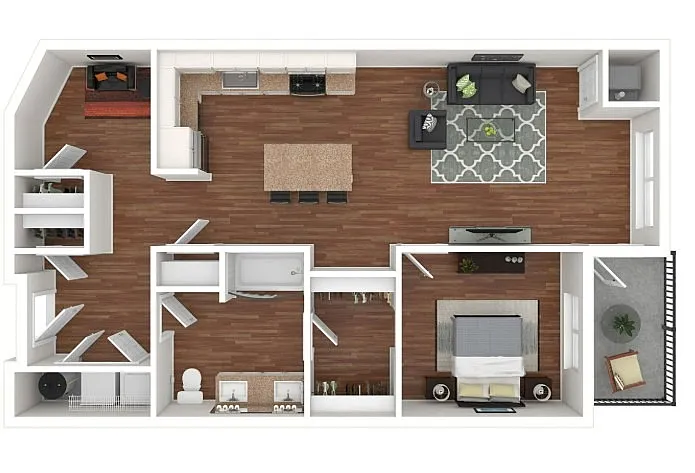 Modern 3D floor plan showcasing a spacious one-bedroom apartment with an open kitchen, cozy living area, and stylish bathroom.