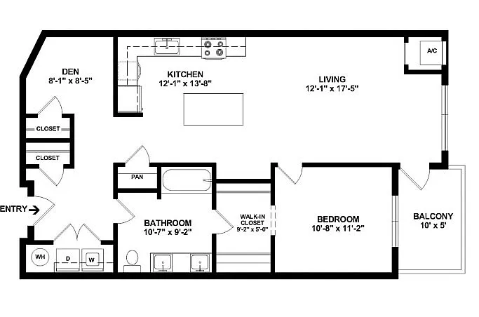Modern floor plan highlighting a spacious living area, stylish kitchen, cozy bedroom with walk-in closet, functional den, and private balcony.