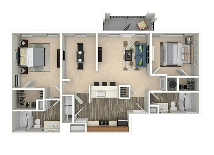 Contemporary 3D floor plan showcasing two bedrooms, an open-concept living and dining area, modern kitchen, and private balcony.
