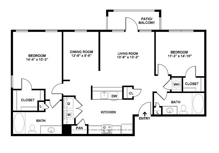 Modern apartment floor plan featuring 2 spacious bedrooms, a dining room, cozy living area, and a well-equipped kitchen with patio access.