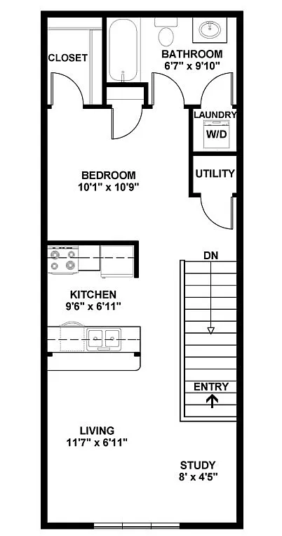 Modern floor plan showcasing a cozy 1-bedroom with closet, functional kitchen, living area, study nook, and efficient laundry space.