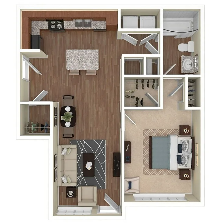 Modern apartment floor plan featuring an open kitchen with island, cozy living room, dining area, spacious bedroom, bathroom, and in-unit laundry facilities.