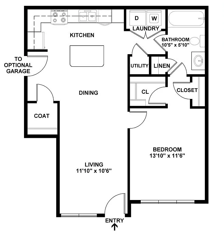 Modern floor plan featuring a spacious 1-bedroom layout with an open kitchen, cozy dining area, and integrated laundry facilities.