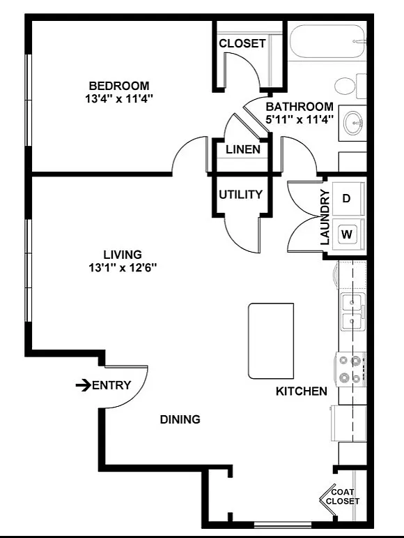 Inviting floor plan showcasing a spacious one-bedroom apartment with open living and dining areas, a well-equipped kitchen, and convenient laundry space.