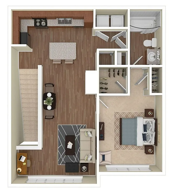 Modern floor plan showcasing an elegant open-concept kitchen and living area adjacent to a spacious bedroom with walk-in closets and a luxurious bathroom.