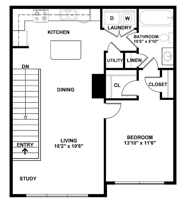 Spacious floor plan featuring a stylish kitchen, open dining area, large living room, bedroom, and convenient laundry space.