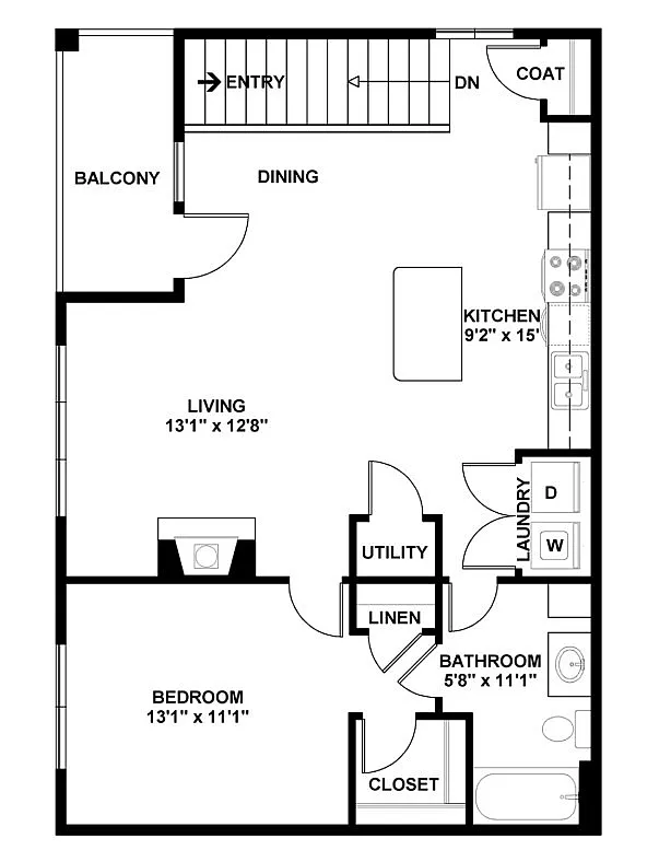 Modern floor plan showcasing a 1-bedroom apartment with a balcony, spacious living and dining areas, open kitchen, and convenient laundry room.