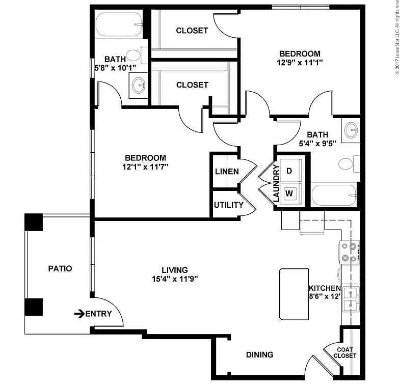 Modern floor plan showcasing 2 bedrooms, spacious living area, and a stylish kitchen with patio access.