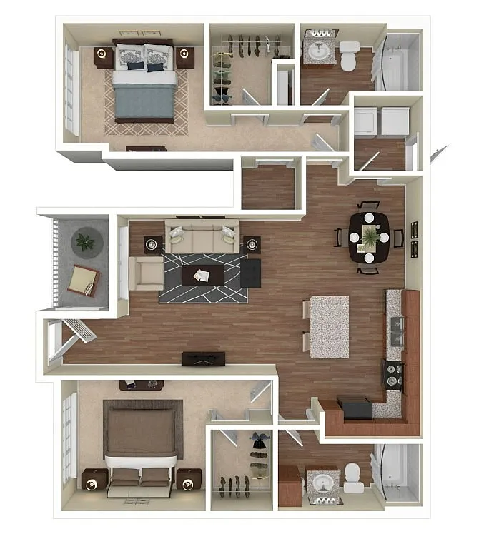 Modern floor plan showcasing two spacious bedrooms, a stylish open-concept living and dining area, and a sleek kitchen with an island, complemented by elegant wood flooring.