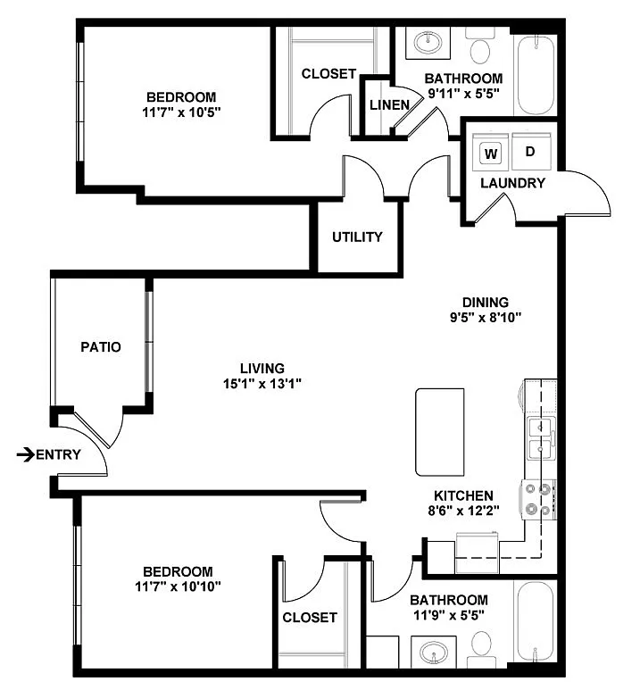 Spacious floor plan featuring 2 bedrooms, 2 bathrooms, open-concept living and dining area, modern kitchen, utility room, and inviting patio.