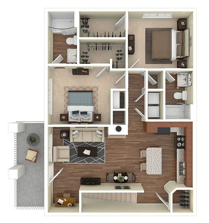 Elegant 3D floor plan displaying a spacious two-bedroom apartment with a modern open-concept living area, gourmet kitchen, and private balcony, ideal for stylish urban living.