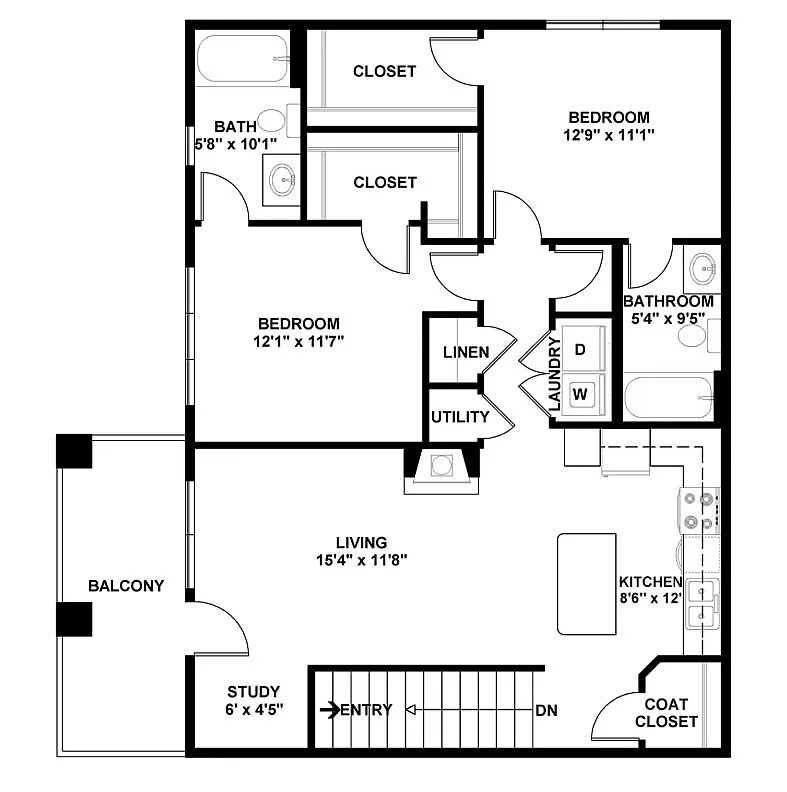 Modern floor plan showcasing two bedrooms, two bathrooms, a versatile study space, and a stylish kitchen. Includes a spacious living area, cozy balcony, and convenient laundry room.
