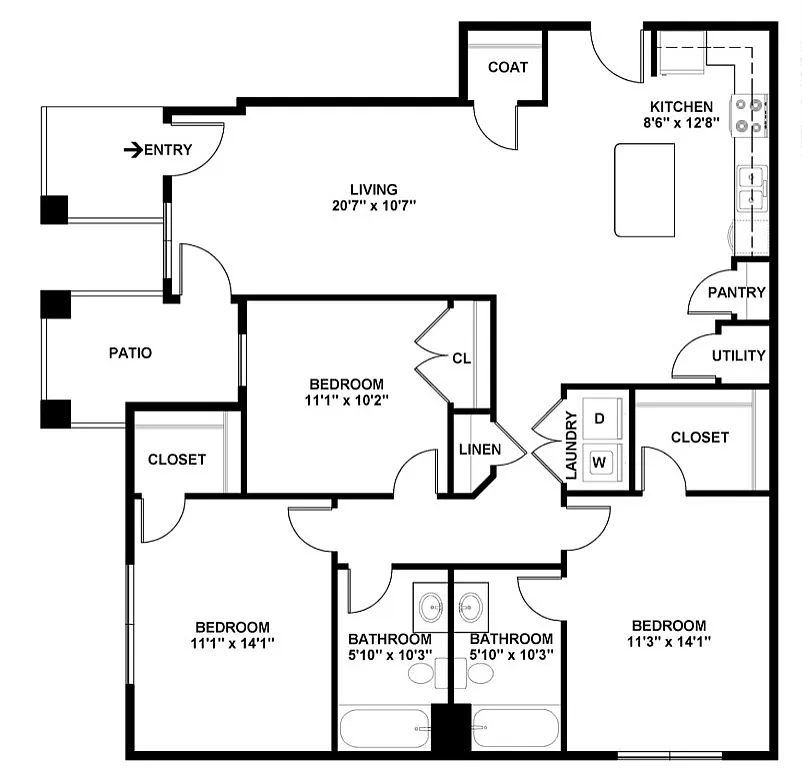 Inviting floor plan showcasing 3 bedrooms, open living room with patio access, spacious kitchen, and dual bathrooms.