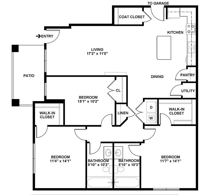 Chic floor plan with 3 spacious bedrooms, open living room adjacent to kitchen and dining, featuring two full bathrooms and two walk-in closets, including a cozy patio and convenient garage access.