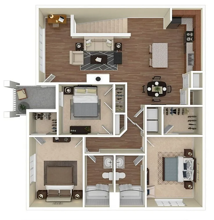 Modern 3D apartment floor plan featuring 2 spacious bedrooms, elegant living room with hardwood floors, and an open kitchen with dining area.