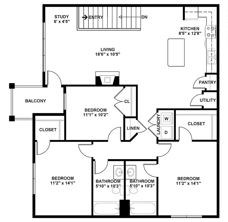 Modern floor plan featuring 3 bedrooms, open living area with balcony, spacious kitchen, and convenient study nook.