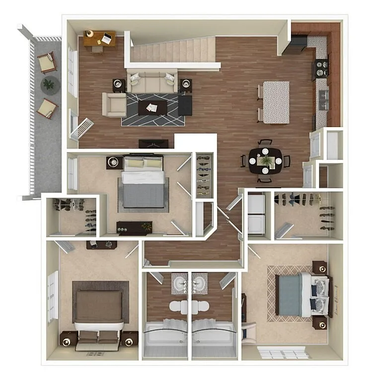 Elegant 3D floor plan featuring two spacious bedrooms, a large open-concept living and dining area, a modern kitchen, and a cozy outdoor balcony.