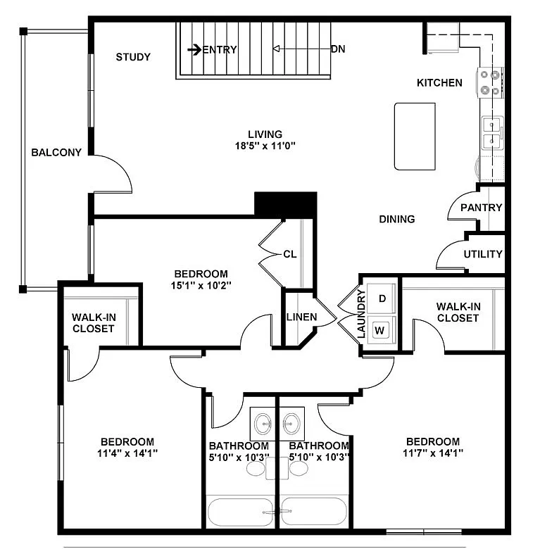 Modern floor plan showcasing 3 bedrooms, 2 bathrooms, a spacious living room, open kitchen, and inviting balcony.