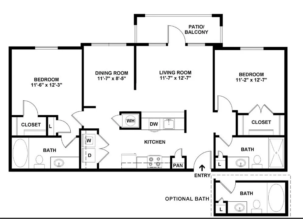 Chic 2D floor plan showcasing 2 bedrooms, a dining room, open kitchen, and spacious living room with patio access. Includes optional third bath layout.