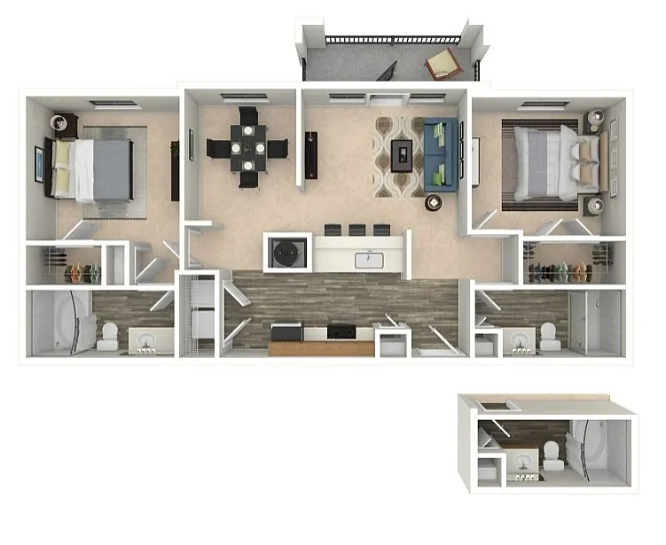 Modern 2D floor plan showcasing a stylish apartment with 2 bedrooms, expansive open-concept living and dining area, a sleek kitchen with a breakfast bar, and two well-appointed bathrooms.