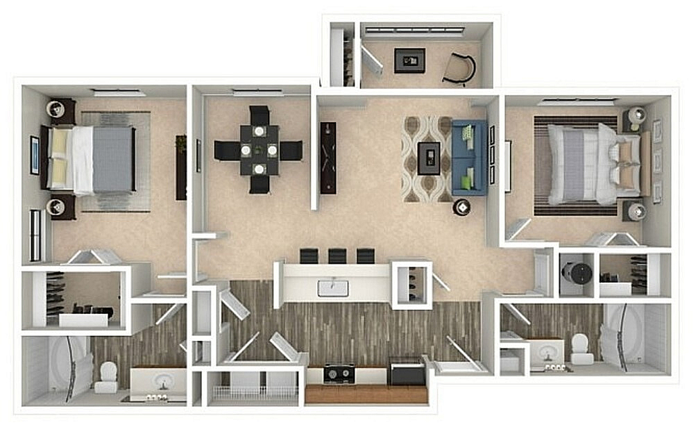 Modern 3D floor plan showcasing 2 bedrooms, spacious living room, sleek kitchen, and elegant dining area with contemporary design.