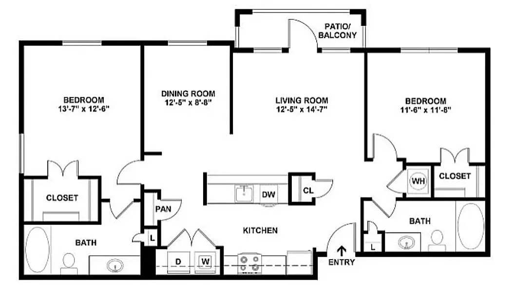 Modern 2D floor plan showcasing 2 spacious bedrooms, a cozy dining room, and a generous living area with patio access.