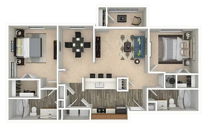 Modern and spacious floor plan showcasing 2 bedrooms, elegant dining area, cozy living room, and a sleek kitchen with breakfast bar.