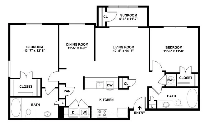 Elegant 2D floor plan showcasing 2 bedrooms, a sunroom, spacious living room, and modern kitchen layout.