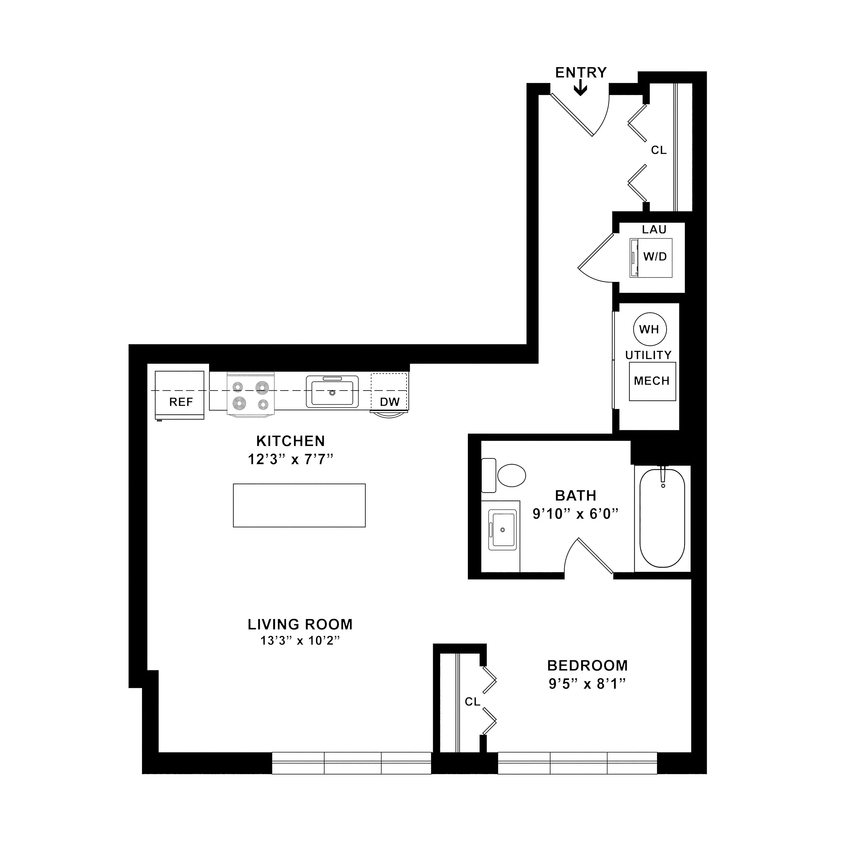 Modern floor plan featuring an open kitchen and living room, cozy bedroom, bathroom, and convenient laundry and utility areas.