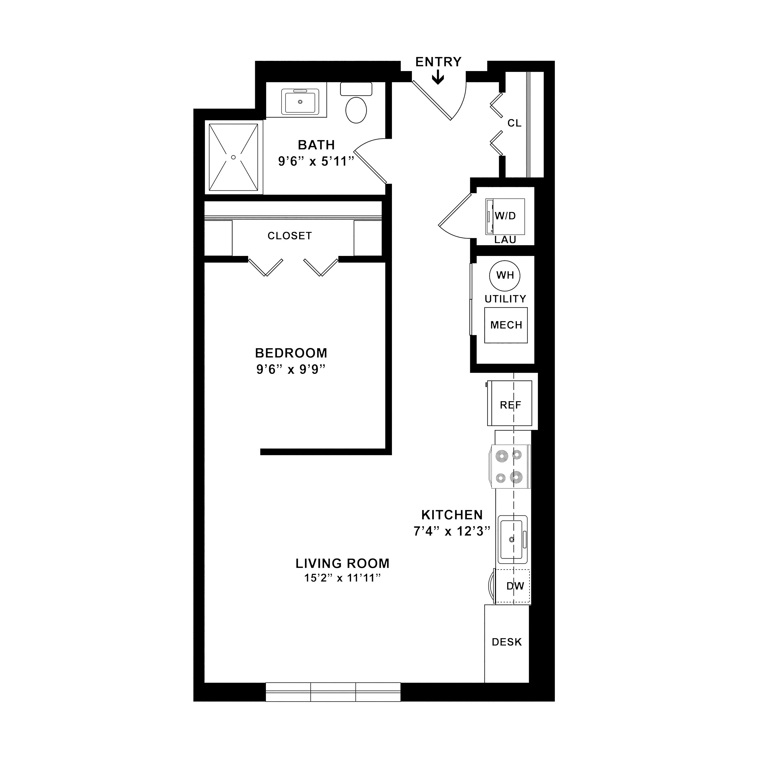 Modern apartment floor plan featuring a cozy bedroom, efficient kitchen with desk space, spacious living room, and well-appointed bath.