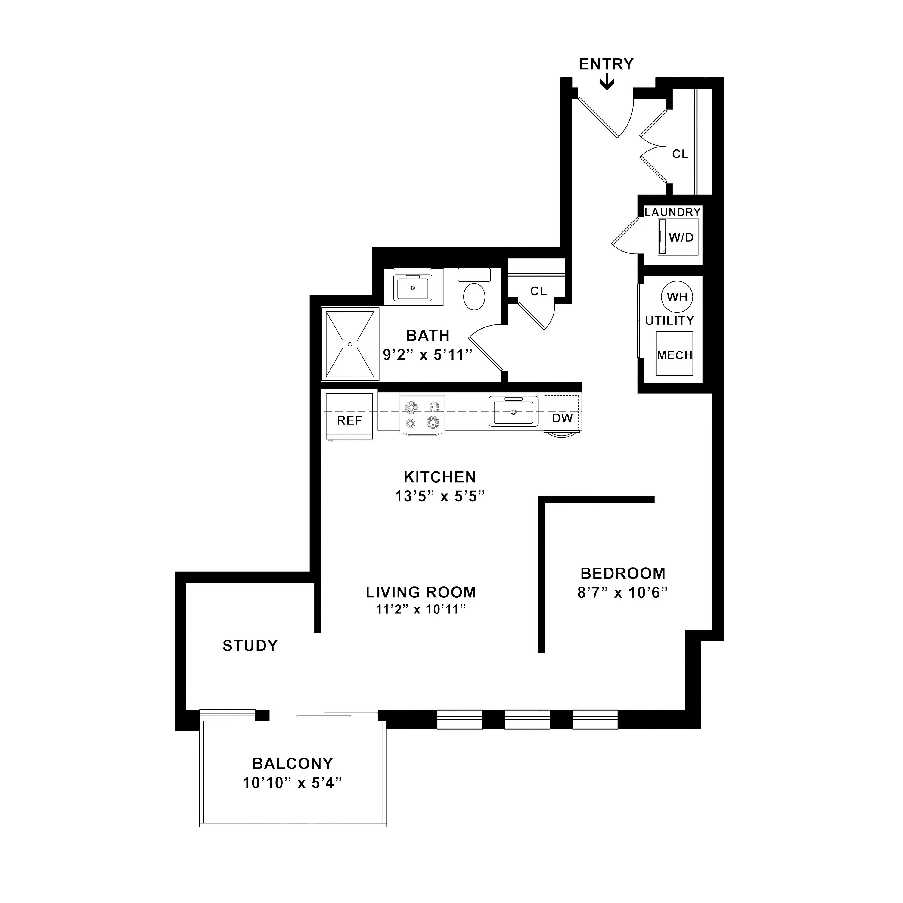 Elegant floor plan showcasing a modern one-bedroom apartment with a spacious living room, study, and private balcony.