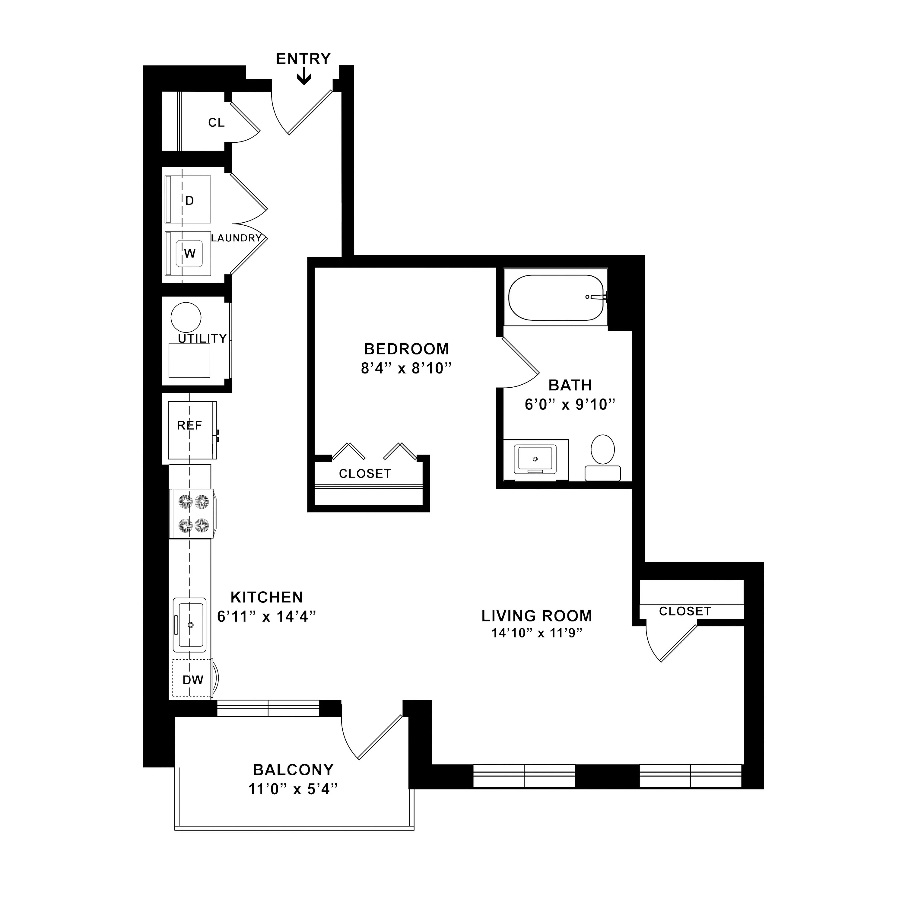 Efficient floor plan featuring 1 bedroom, a spacious living room, and a modern kitchen with access to a cozy balcony.
