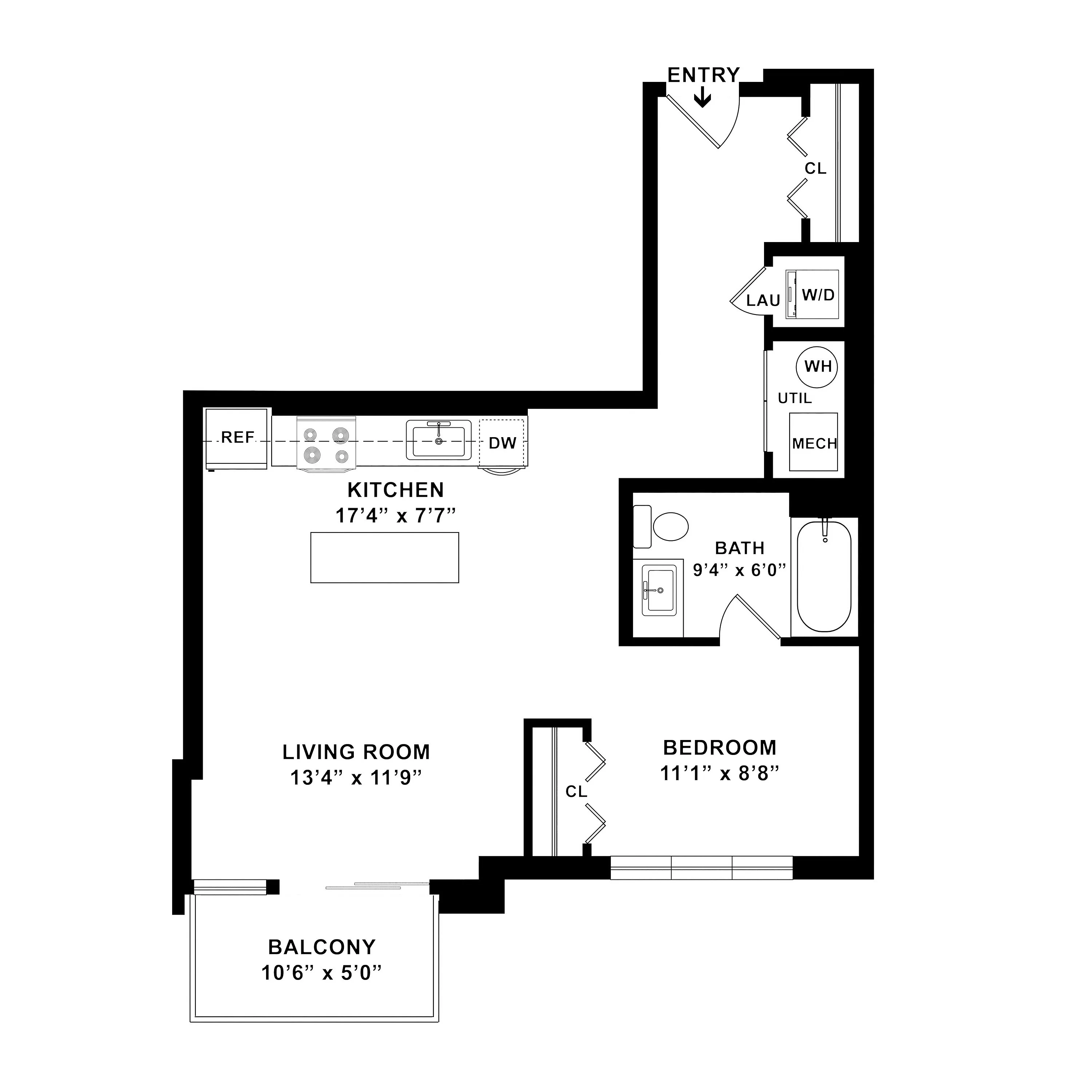 Modern floor plan showcasing 1 bedroom and 1 bath with an open kitchen and spacious living room leading to a cozy balcony.