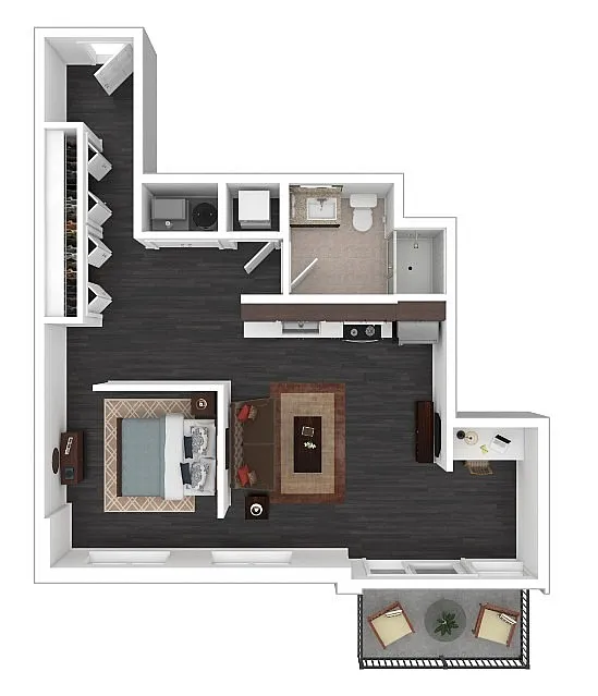 Modern apartment floor plan featuring a spacious bedroom, open-concept living area, sleek kitchen, and private balcony for serene outdoor relaxation.