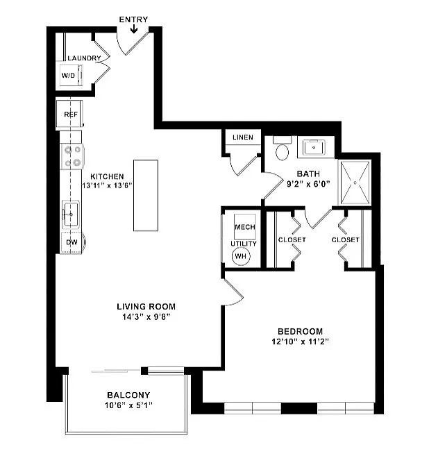 Modern floor plan showcasing 1 bedroom, open kitchen, living room with balcony, and a well-designed bathroom. Includes laundry area and ample storage space.