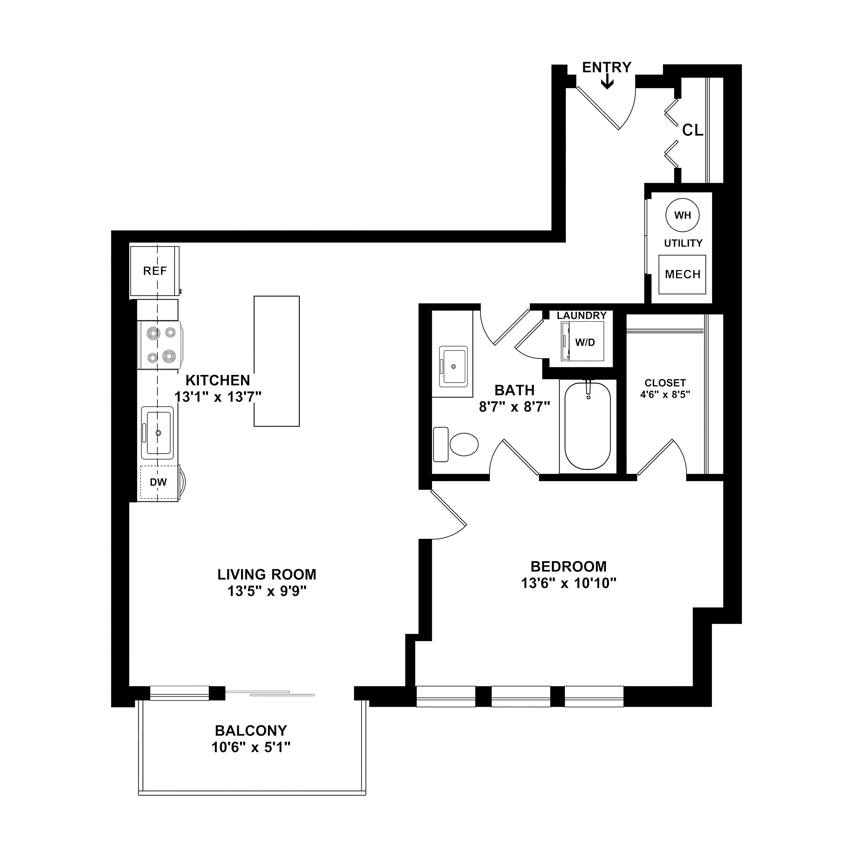 Modern floor plan showcasing 1 bedroom apartment with spacious kitchen, cozy living room, and private balcony.
