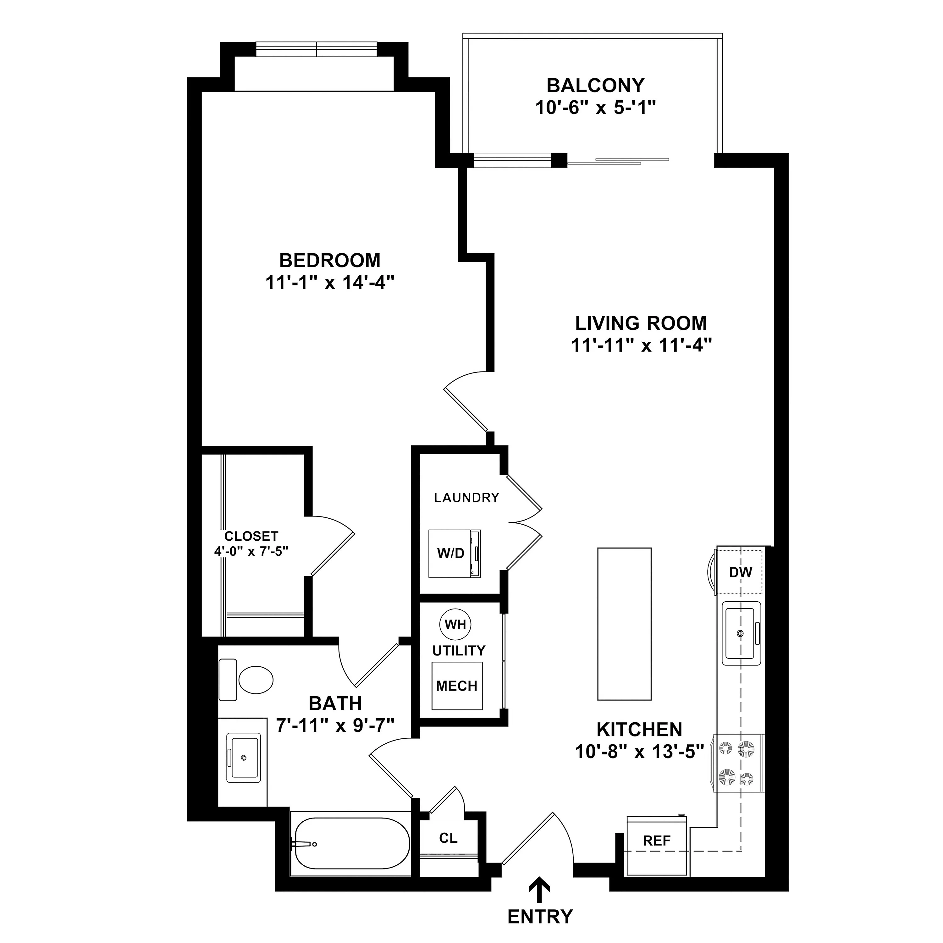Smartly designed floor plan featuring a spacious bedroom, open living room, modern kitchen, and a broad balcony. Includes a laundry area and ample closet space.
