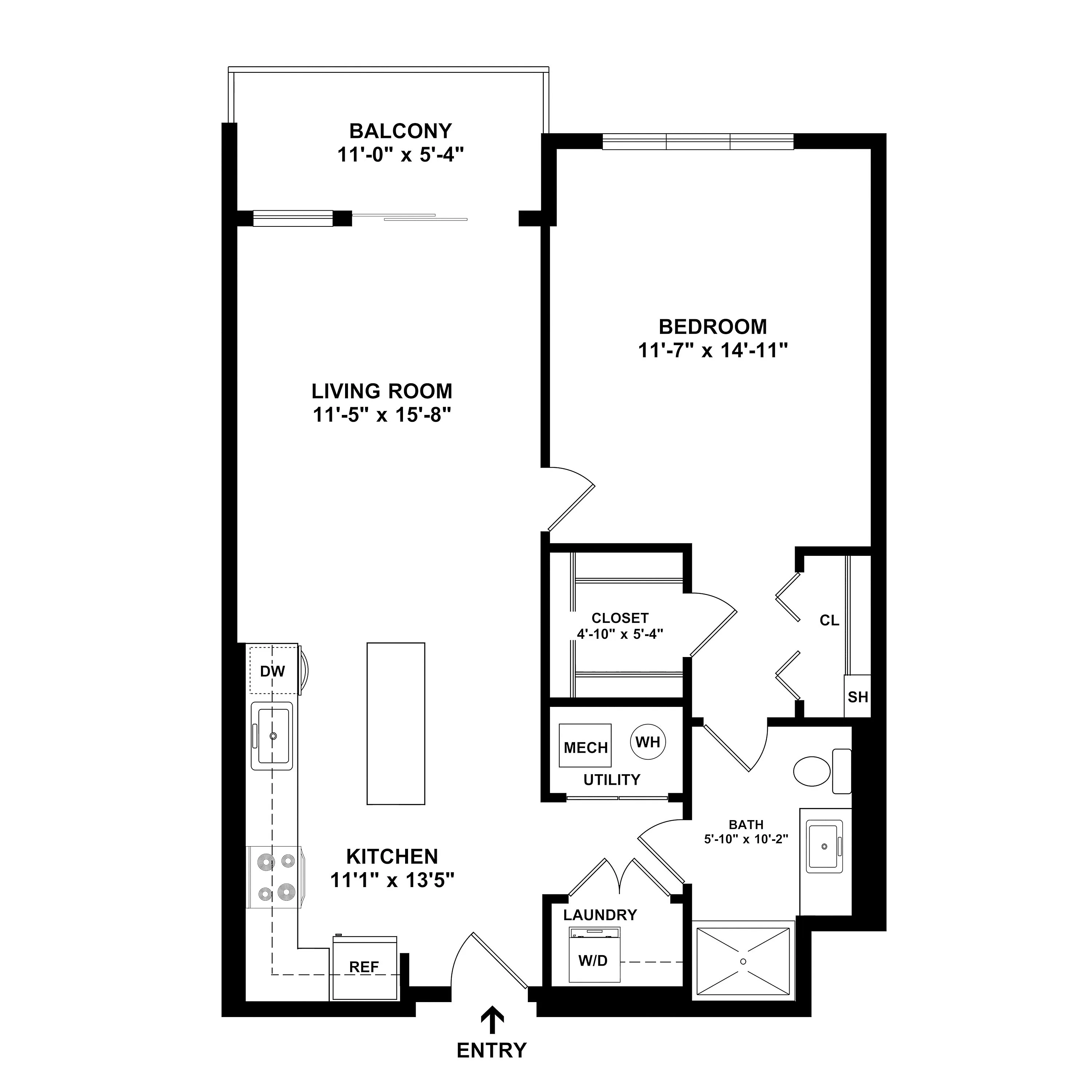 Contemporary floor plan highlighting a spacious 1-bedroom layout with open living room, modern kitchen, and private balcony.