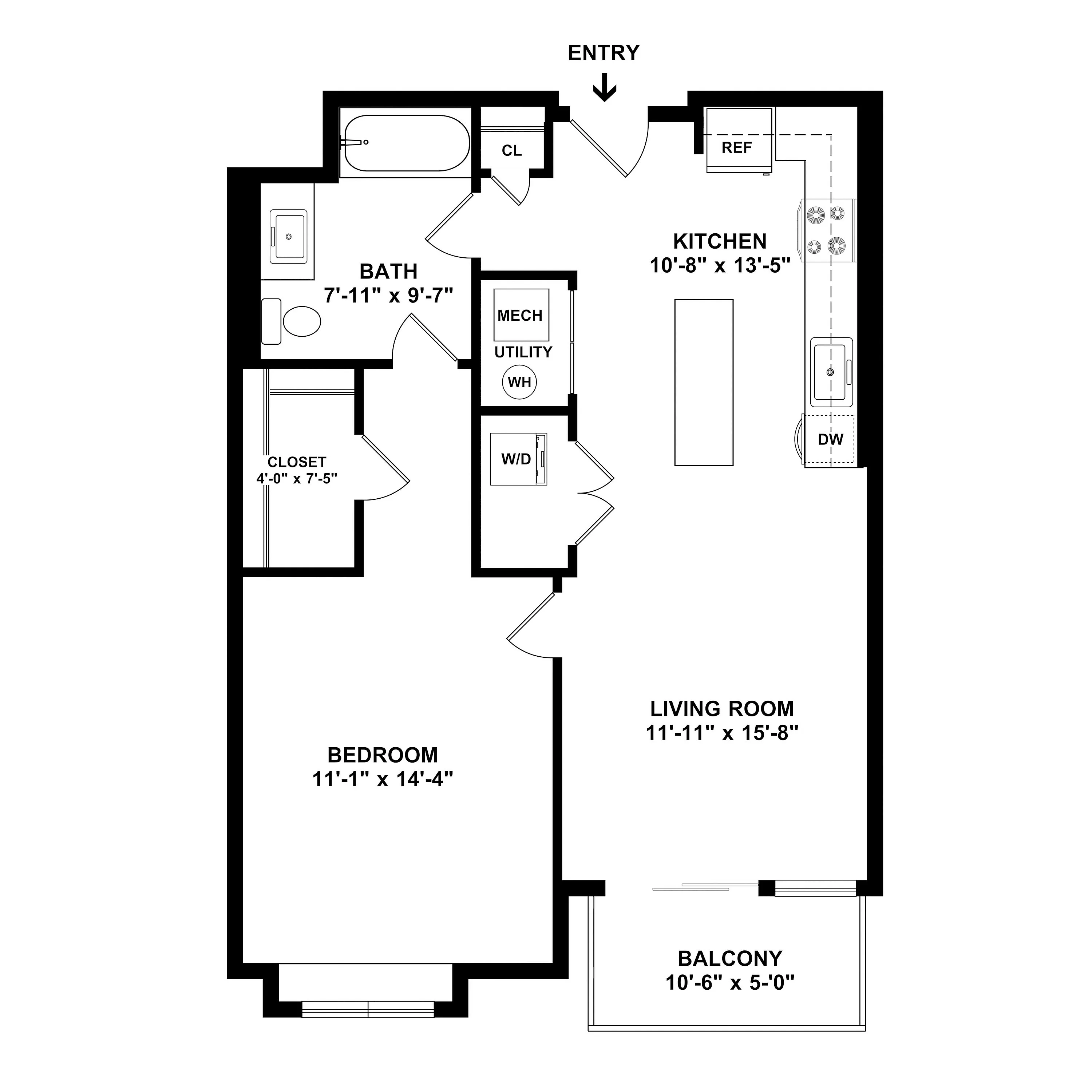 Modern 1-bedroom floor plan with open living space, elegant kitchen, and private balcony.