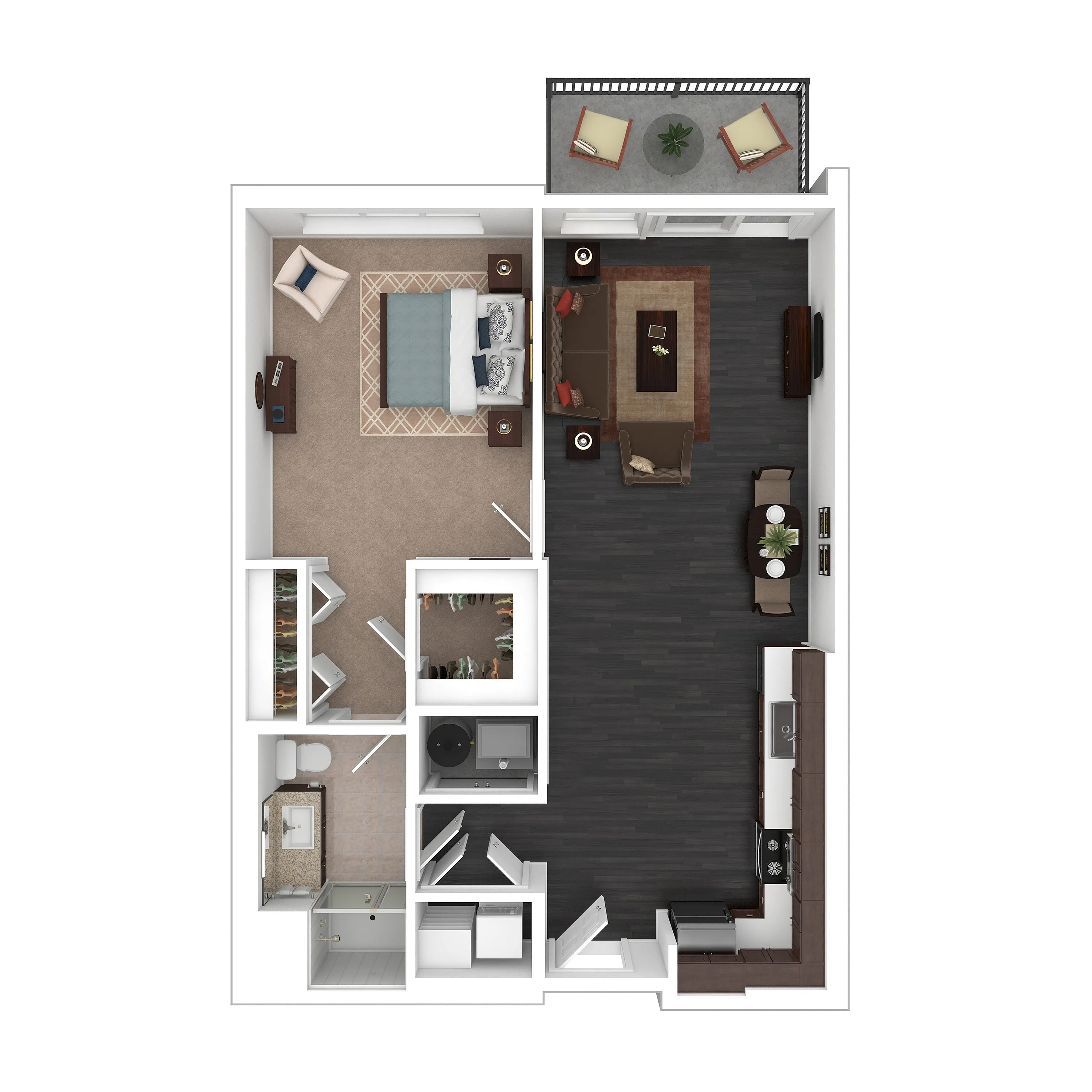 Contemporary floor plan showcasing a spacious bedroom, elegant open-concept kitchen and living area, and a stylish balcony. Perfect for modern living.
