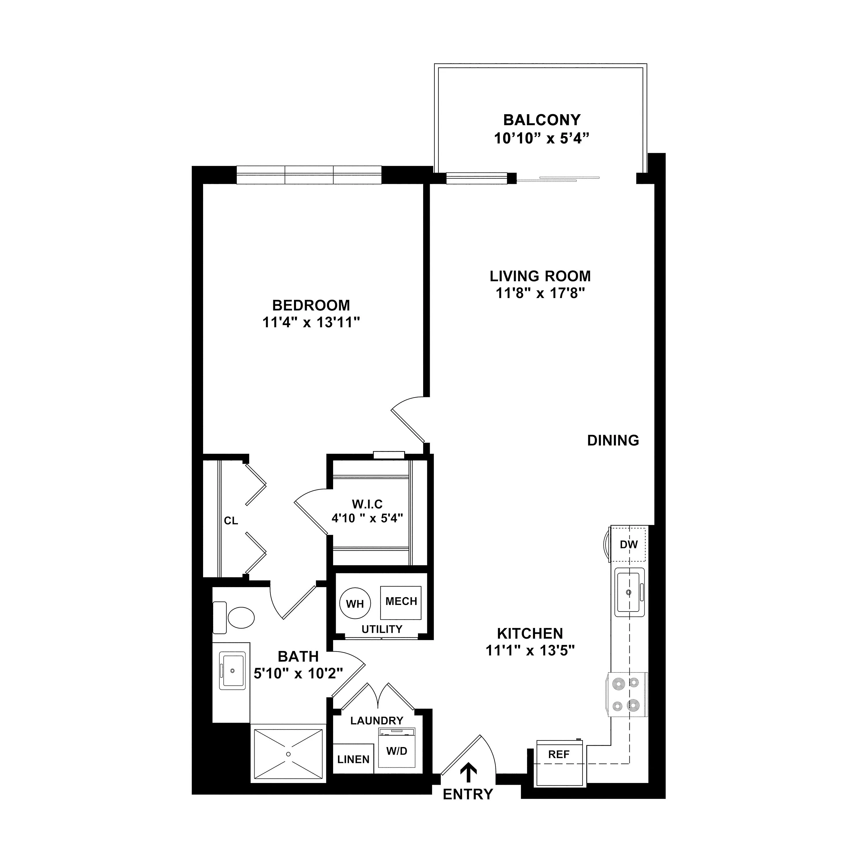 Elegant 2D apartment floor plan featuring a spacious bedroom, open living and dining area, modern kitchen, and a cozy balcony.