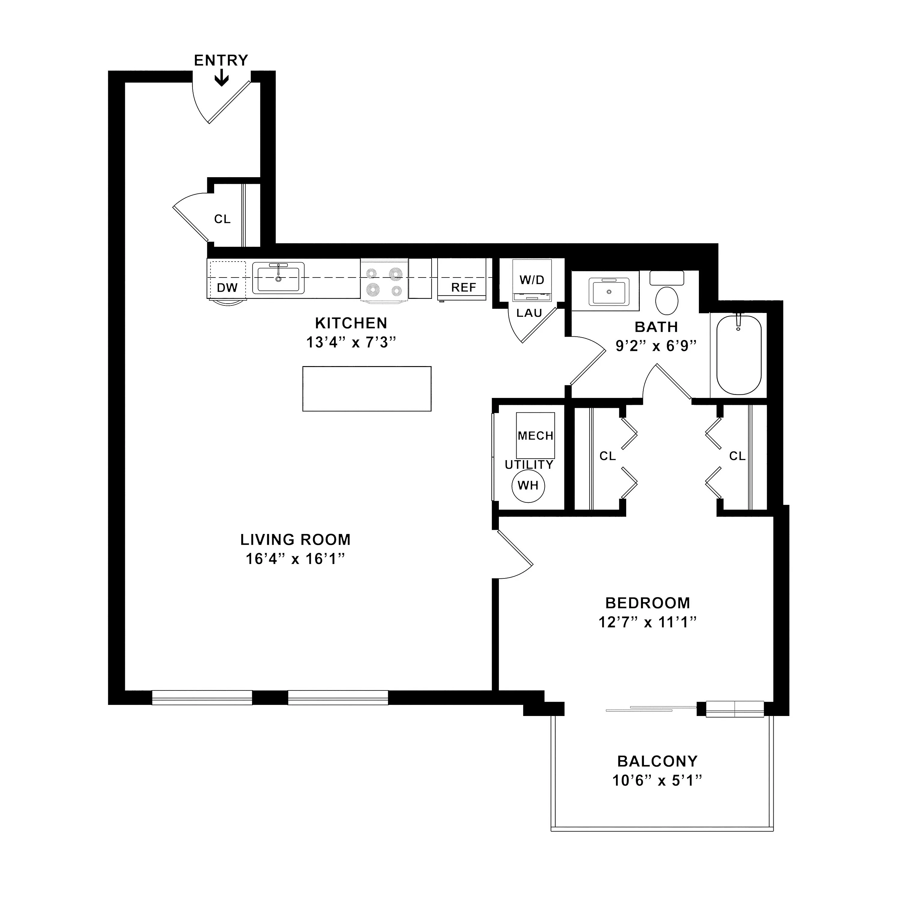 Modern 1-bedroom apartment floor plan with a spacious living room, gourmet kitchen, luxurious bath, and private balcony.