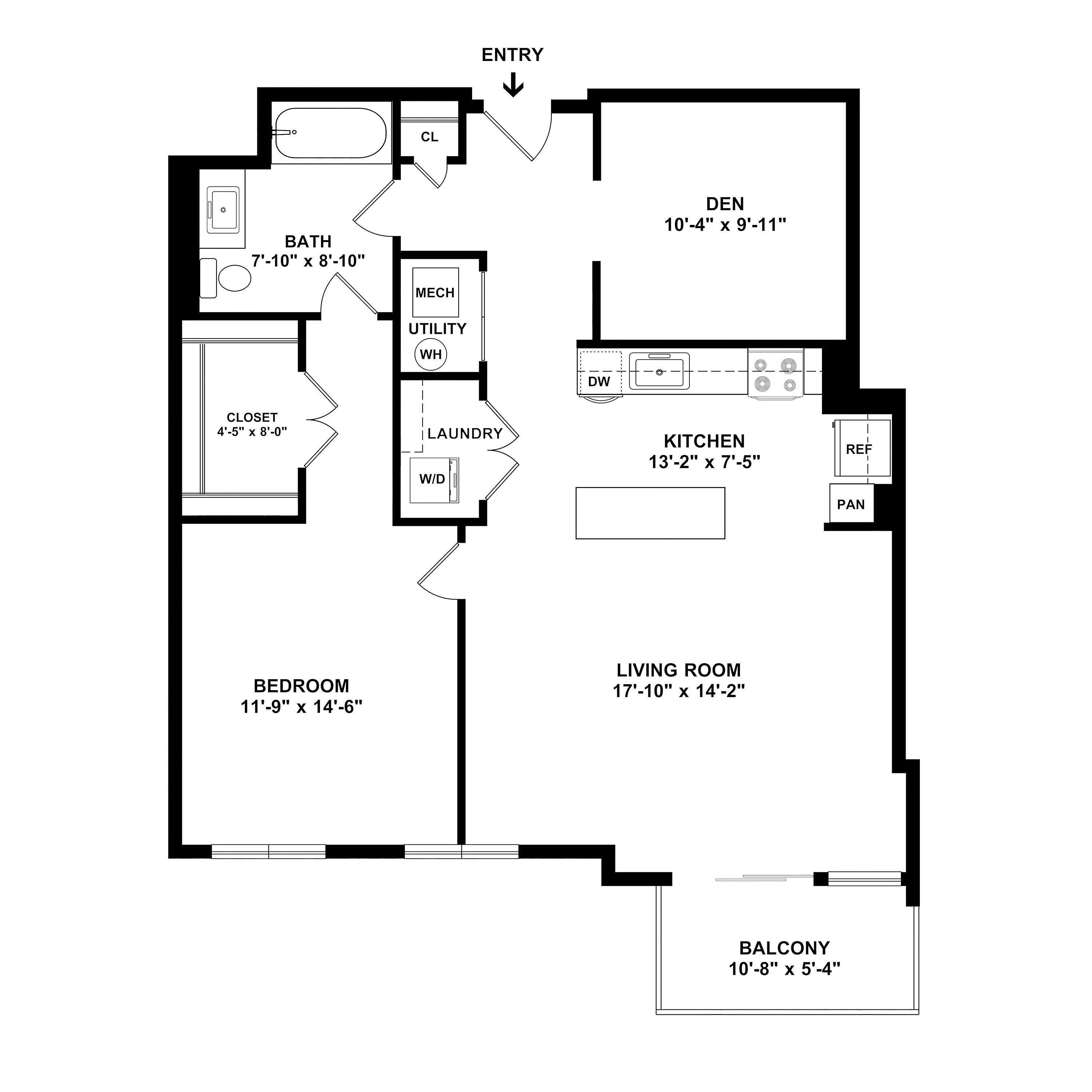 Modern floor plan featuring 1 bedroom, spacious living room, stylish kitchen, cozy den, and private balcony.