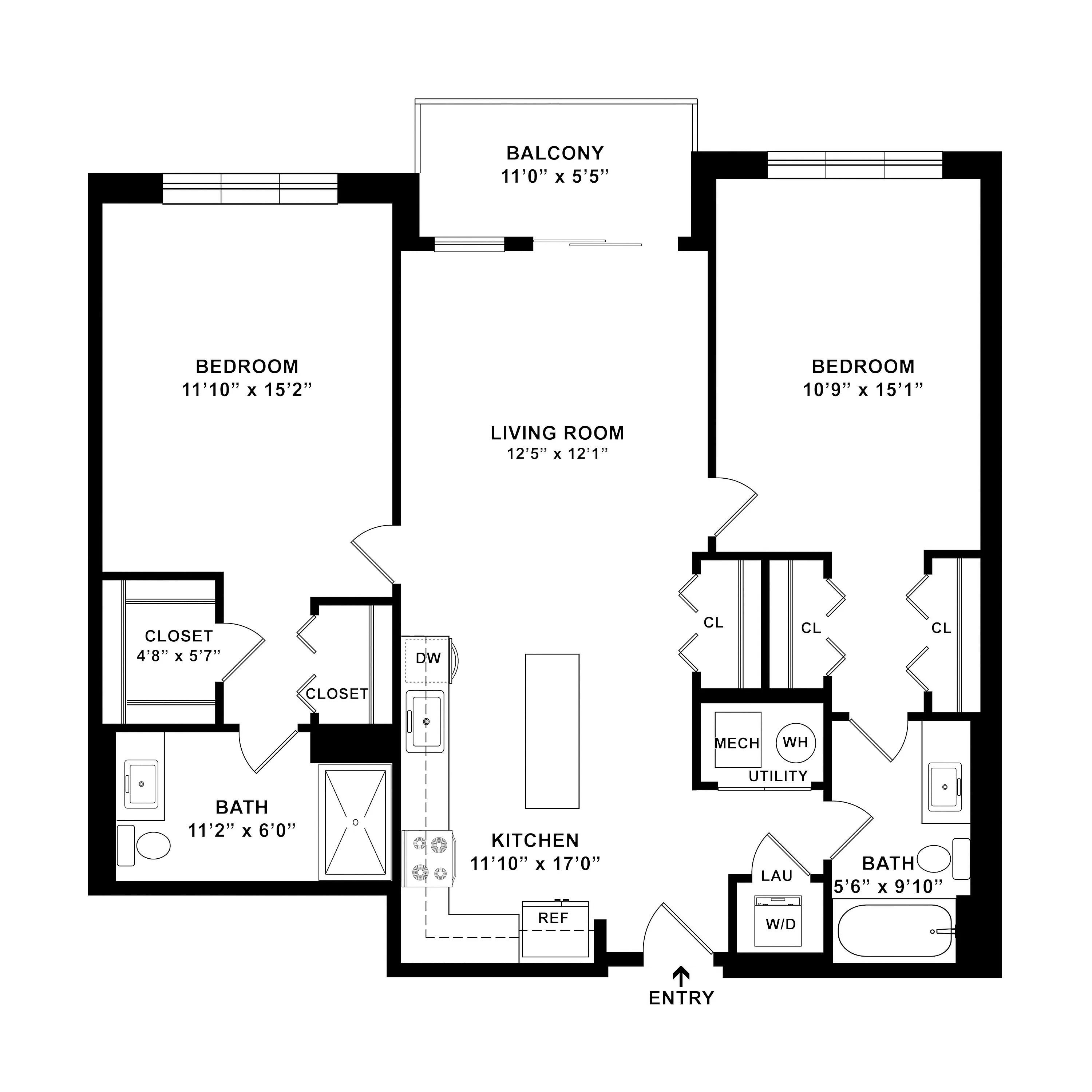 Modern 2D floor plan displaying 2 spacious bedrooms, open living room, sleek kitchen, and cozy balcony.