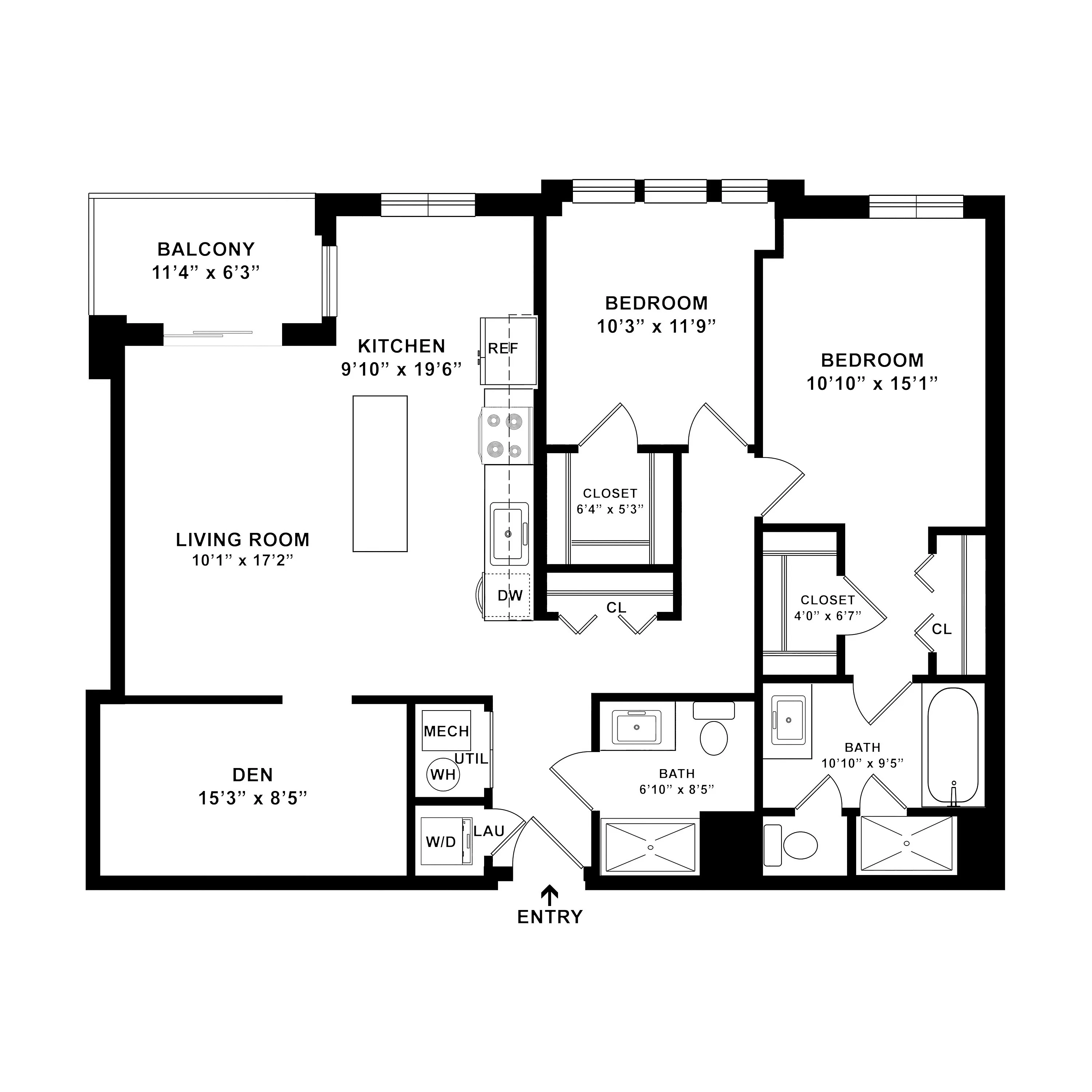 Modern apartment floor plan featuring 2 bedrooms, an expansive kitchen, living room, cozy den, and spacious balcony.