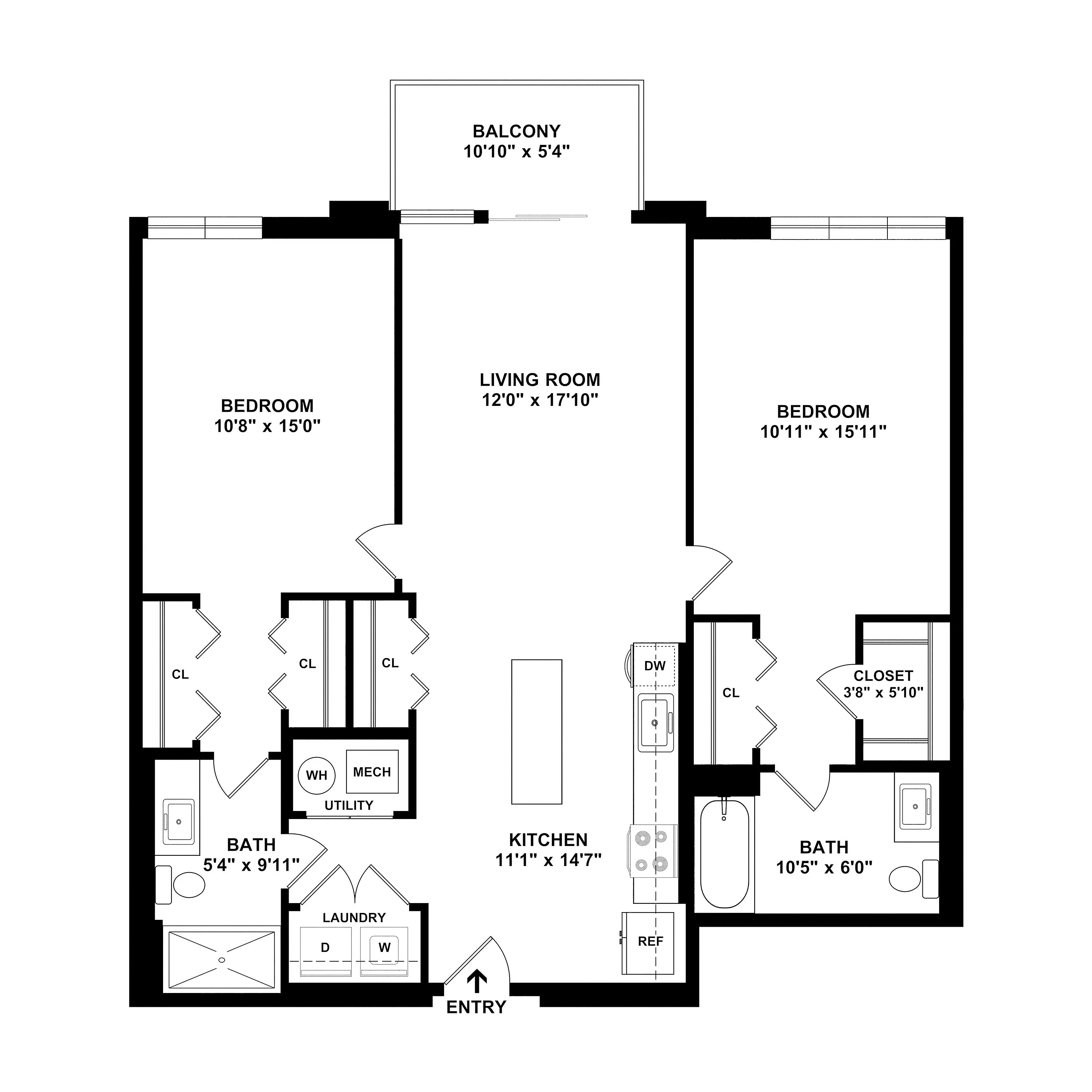 Elegant floor plan featuring 2 spacious bedrooms, open living room, modern kitchen, and balcony for serene views.